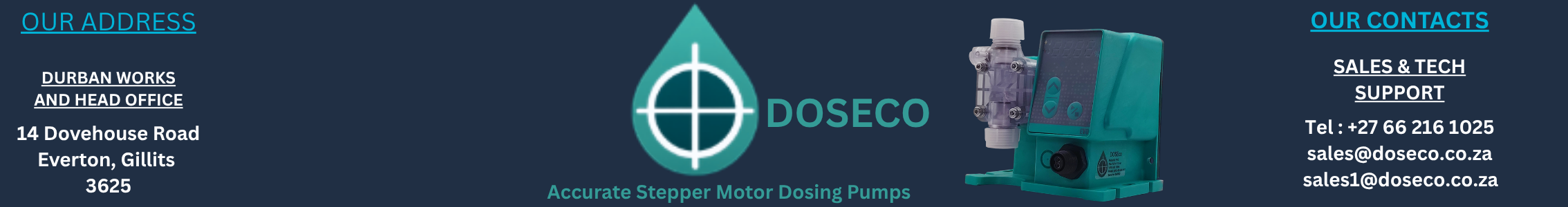 DOSECO banner with logo, teal dosing pump image on the right, and left/right contact and address details text.