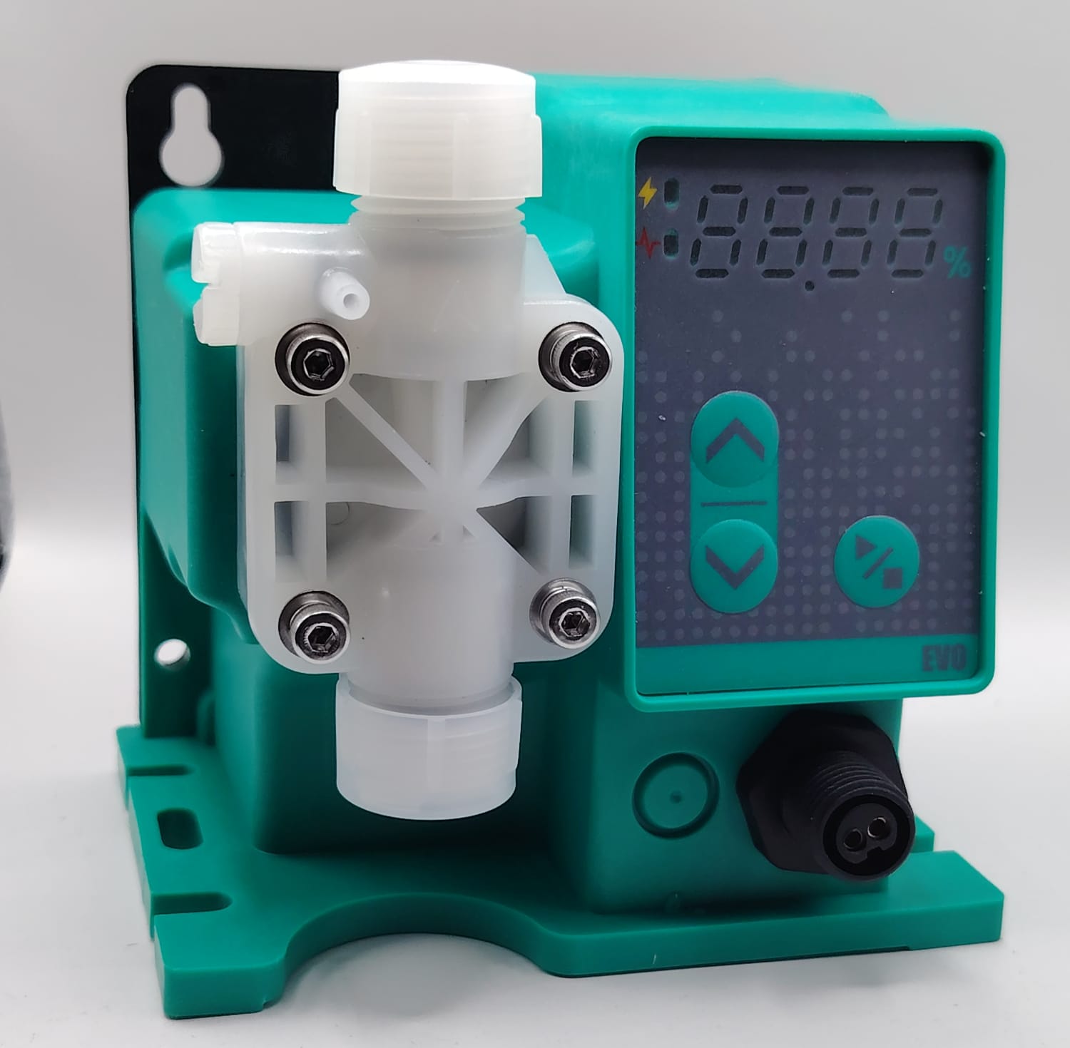 DOSING PUMP SMAY - DOSECO Chemical Dosing Pumps Close-up of a turquoise irrigation timer with a white valve assembly and a digital display showing settings